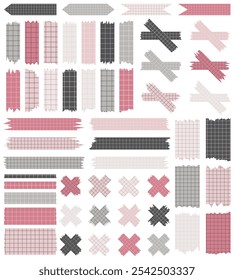 Set of paper sheets isolated on white. Pieces of decorative tape for scrapbooks. Washi tapes collection in vector. Ripped paper. Torn pieces of paper from a notebook in a cell. Colorful ribbons
