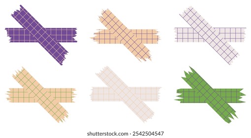 Set of paper sheets isolated on white. Pieces of decorative tape for scrapbooks. Washi tapes collection in vector. Ripped paper. Torn pieces of paper from a notebook in a cell. Colorful ribbons