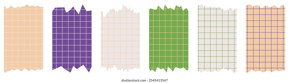 Set of paper sheets isolated on white. Pieces of decorative tape for scrapbooks. Washi tapes collection in vector. Ripped paper. Torn pieces of paper from a notebook in a cell. Colorful ribbons