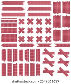Set of paper sheets isolated on white. Pieces of decorative tape for scrapbooks. Washi tapes collection in vector. Ripped paper. Torn pieces of paper from a notebook in a cell. Red ribbons