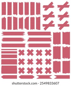 Set of paper sheets isolated on white. Pieces of decorative tape for scrapbooks. Washi tapes collection in vector. Ripped paper. Torn pieces of paper from a notebook in a cell. Red ribbons