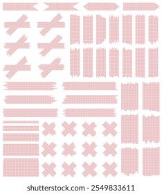 Set of paper sheets isolated on white. Pieces of decorative tape for scrapbooks. Washi tapes collection in vector. Ripped paper. Torn pieces of paper from a notebook in a cell. Red ribbons