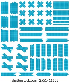 Set of paper sheets isolated on white. Pieces of decorative tape for scrapbooks. Washi tapes collection in vector. Ripped paper. Torn pieces of paper from a notebook in a cell. Blue ribbons