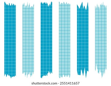 Set of paper sheets isolated on white. Pieces of decorative tape for scrapbooks. Washi tapes collection in vector. Ripped paper. Torn pieces of paper from a notebook in a cell. Blue ribbons