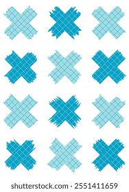 Set of paper sheets isolated on white. Pieces of decorative tape for scrapbooks. Washi tapes collection in vector. Ripped paper. Torn pieces of paper from a notebook in a cell. Blue ribbons