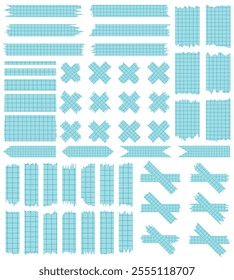 Set of paper sheets isolated on white. Pieces of decorative tape for scrapbooks. Washi tapes collection in vector. Ripped paper. Torn pieces of paper from a notebook in a cell. Blue ribbons