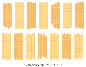 Set of paper sheets isolated on white. Pieces of decorative tape for scrapbooks. Washi tapes collection in vector. Ripped paper. Torn pieces of paper from a notebook in a cell. Yellow ribbons