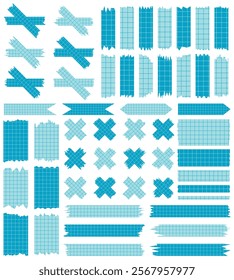 Set of paper sheets isolated on white. Pieces of decorative tape for scrapbooks. Washi tapes collection in vector. Ripped paper. Torn pieces of paper from a notebook in a cell. Blue ribbons