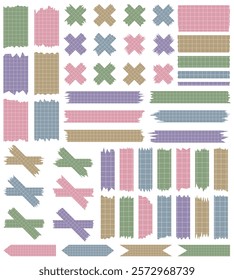 Set of paper sheets isolated on white. Pieces of decorative tape for scrapbooks. Washi tapes collection in vector. Ripped paper. Torn pieces of paper from a notebook in a cell. Colorful ribbons, green