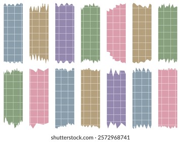 Set of paper sheets isolated on white. Pieces of decorative tape for scrapbooks. Washi tapes collection in vector. Ripped paper. Torn pieces of paper from a notebook in a cell. Colorful ribbons, green