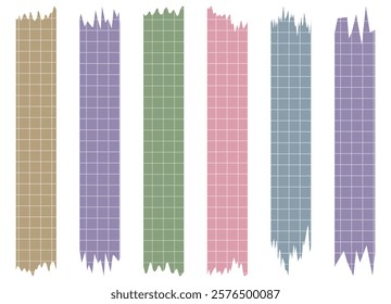 Set of paper sheets isolated on white. Pieces of decorative tape for scrapbooks. Washi tapes collection in vector. Ripped paper. Torn pieces of paper from a notebook in a cell. Colorful ribbons