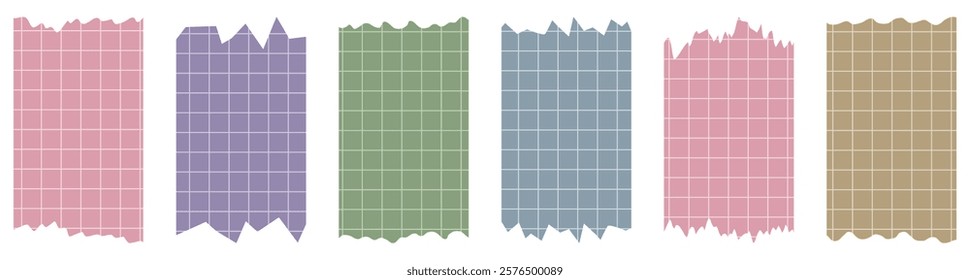 Set of paper sheets isolated on white. Pieces of decorative tape for scrapbooks. Washi tapes collection in vector. Ripped paper. Torn pieces of paper from a notebook in a cell. Colorful ribbons