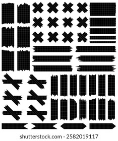 Set of paper sheets isolated on white. Pieces of decorative tape for scrapbooks. Washi tapes collection in vector. Ripped paper. Torn pieces of paper from a notebook in a cell. Black ribbons