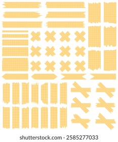 Set of paper sheets isolated on white. Pieces of decorative tape for scrapbooks. Washi tapes collection in vector. Ripped paper. Torn pieces of paper from a notebook in a cell. Yellow ribbons