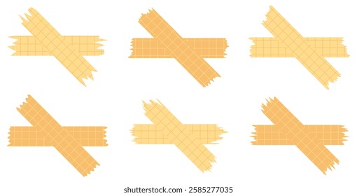 Set of paper sheets isolated on white. Pieces of decorative tape for scrapbooks. Washi tapes collection in vector. Ripped paper. Torn pieces of paper from a notebook in a cell. Yellow ribbons