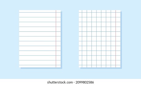 Set of paper sheets of notebook or copybook with shadow. Checkered and linear sheets of paper. Vector