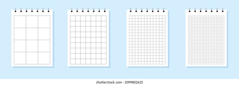 Set of paper sheets of notebook or copybook with shadow. Memo note pads or diary with lined and squared paper page templates. Vector