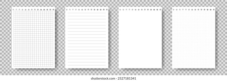 Set of Paper sheets from notepad. School sheet with lines grid dots. Realistic White sheet for notes. Notebook page for education. Blank notepaper with shadow isolated on transparent background