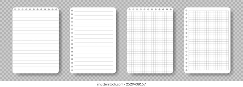Set of Paper sheets from notepad. School copybook page with lines grid. Realistic White sheet template. Notebook for education. Blank notepaper with shadow isolated. Element for design