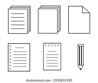 set of paper sheets and pencil. lined, plain, binders, and notes paper.