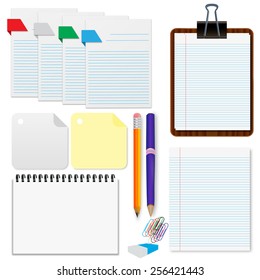 Set, paper, sheets, pencil, stationery vector illustration