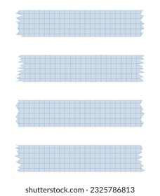 Set of paper sheets. Pieces of decorative tape for scrapbooks. Washi tapes collection in vector. Ripped paper. Torn pieces of paper from a notebook in a cell. Blue