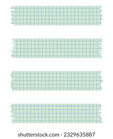 Set of paper sheets. Pieces of decorative tape for scrapbooks. Washi tapes collection in vector. Ripped paper. Torn pieces of paper from a notebook in a cell. Green ribbons