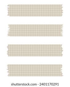 Set of paper sheets. Pieces of decorative tape for scrapbooks. Washi tapes collection in vector. Ripped paper. Torn pieces of paper from a notebook in a cell. Brown ribbons