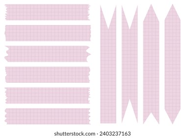 Set of paper sheets. Pieces of decorative tape for scrapbooks. Washi tapes collection in vector. Ripped paper. Torn pieces of paper from a notebook in a cell. Pink ribbons