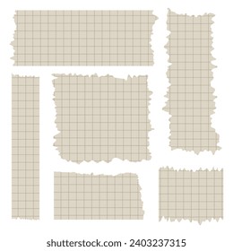 Set of paper sheets. Pieces of decorative tape for scrapbooks. Washi tapes collection in vector. Ripped paper. Torn pieces of paper from a notebook in a cell. Brown ribbons