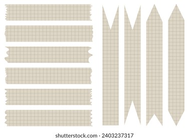 Set of paper sheets. Pieces of decorative tape for scrapbooks. Washi tapes collection in vector. Ripped paper. Torn pieces of paper from a notebook in a cell. Brown ribbons