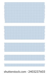 Set of paper sheets. Pieces of decorative tape for scrapbooks. Washi tapes collection in vector. Ripped paper. Torn pieces of paper from a notebook in a cell. Blue ribbons