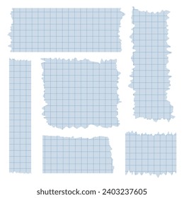 Set of paper sheets. Pieces of decorative tape for scrapbooks. Washi tapes collection in vector. Ripped paper. Torn pieces of paper from a notebook in a cell. Blue ribbons