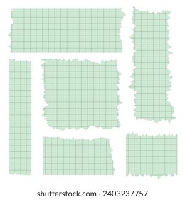 Conjunto de hojas de papel. Cintas decorativas para álbumes. Colección de cintas de Washi en vector. Papel rasgado. Rompa pedazos de papel de un cuaderno de una celda. Cintas verdes