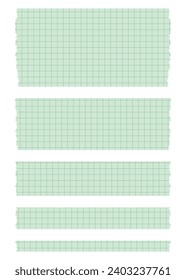 Conjunto de hojas de papel. Cintas decorativas para álbumes. Colección de cintas de Washi en vector. Papel rasgado. Rompa pedazos de papel de un cuaderno de una celda. Cintas verdes