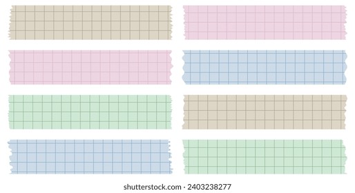 Set of paper sheets. Pieces of decorative tape for scrapbooks. Washi tapes collection in vector. Ripped paper. Torn pieces of paper from a notebook in a cell. Colorful ribbons