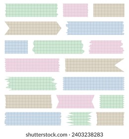 Set of paper sheets. Pieces of decorative tape for scrapbooks. Washi tapes collection in vector. Ripped paper. Torn pieces of paper from a notebook in a cell. Colorful ribbons