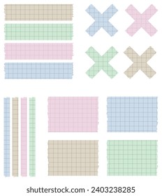 Conjunto de hojas de papel. Cintas decorativas para álbumes. Colección de cintas de Washi en vector. Papel rasgado. Rompa pedazos de papel de un cuaderno de una celda. Cintas coloridas