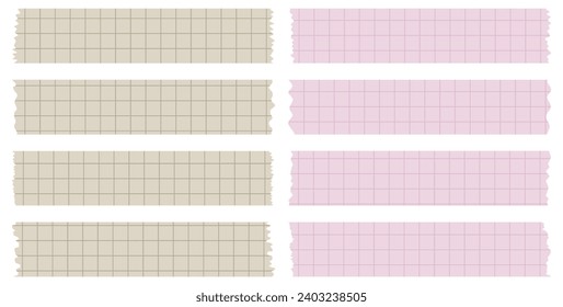 Set of paper sheets. Pieces of decorative tape for scrapbooks. Washi tapes collection in vector. Ripped paper. Torn pieces of paper from a notebook in a cell. Colorful ribbons. Brown and pink