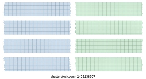 Conjunto de hojas de papel. Cintas decorativas para álbumes. Colección de cintas de Washi en vector. Papel rasgado. Rompa pedazos de papel de un cuaderno de una celda. Cintas coloridas. Azul y verde