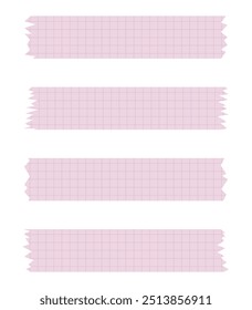 Set of paper sheets. Pieces of decorative tape for scrapbooks. Washi tapes collection in vector. Ripped paper. Torn pieces of paper from a notebook in a cell. Pink ribbons