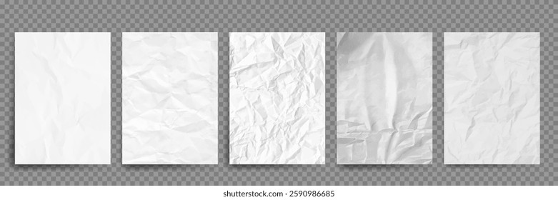 Set of paper sheets with wrinkles. Realistic vector illustration. Empty white pages with crumpled effect. Design mockup 