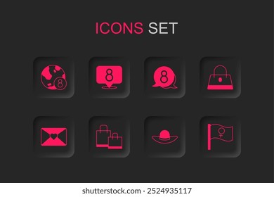 Set Paper shopping bag, 8 March, International Women Day, Elegant women hat, Handbag, Feminist activist, speech bubble and Envelope with icon. Vector