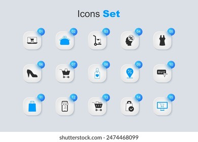 Set Paper shopping bag, Add to Shopping cart, Wallet, on monitor, Buy button, screen laptop and Heart tag icon. Vector