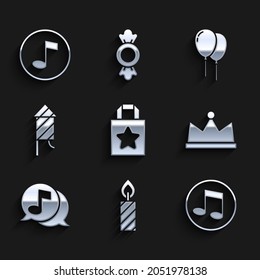 Set Paper shopping bag, Birthday cake candles, Music note, tone, Crown, Musical speech bubble, Firework rocket, Balloons with ribbon and  icon. Vector
