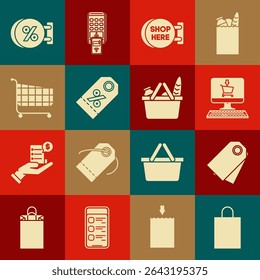 Set Paper shopping bag, Blank label template price tag, Shopping cart on screen computer, Signboard hanging with inscription here, Discount percent, discount and basket and food icon. Vector