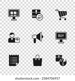 Set Paper shopping bag, Buy button, Hot price, Megaphone, Shopping cart, Online screen, Return cardboard box and Buyer icon. Vector