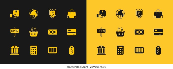 Set Paper shopping bag, Calculator, Stacks paper money cash, Barcode, Shopping basket, Shield with dollar, Delivery hand box and Worldwide shipping icon. Vector