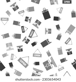 Set Paper shopping bag, Shopping cart on screen computer, Paper shopping bag and food and Hanging sign with text Open door on seamless pattern. Vector