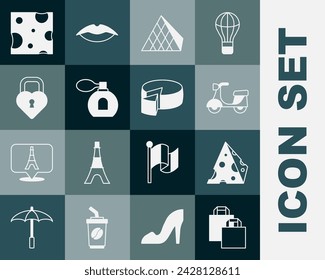 Set Paper shopping bag, Cheese, Scooter, Louvre glass pyramid, Perfume, Castle the shape of heart,  and  icon. Vector